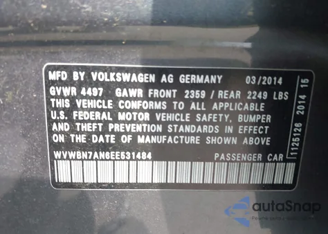 2014 Volkswagen Cc 2.0T Sport из США, поврежденный, VIN WVWBN7AN6EE531484